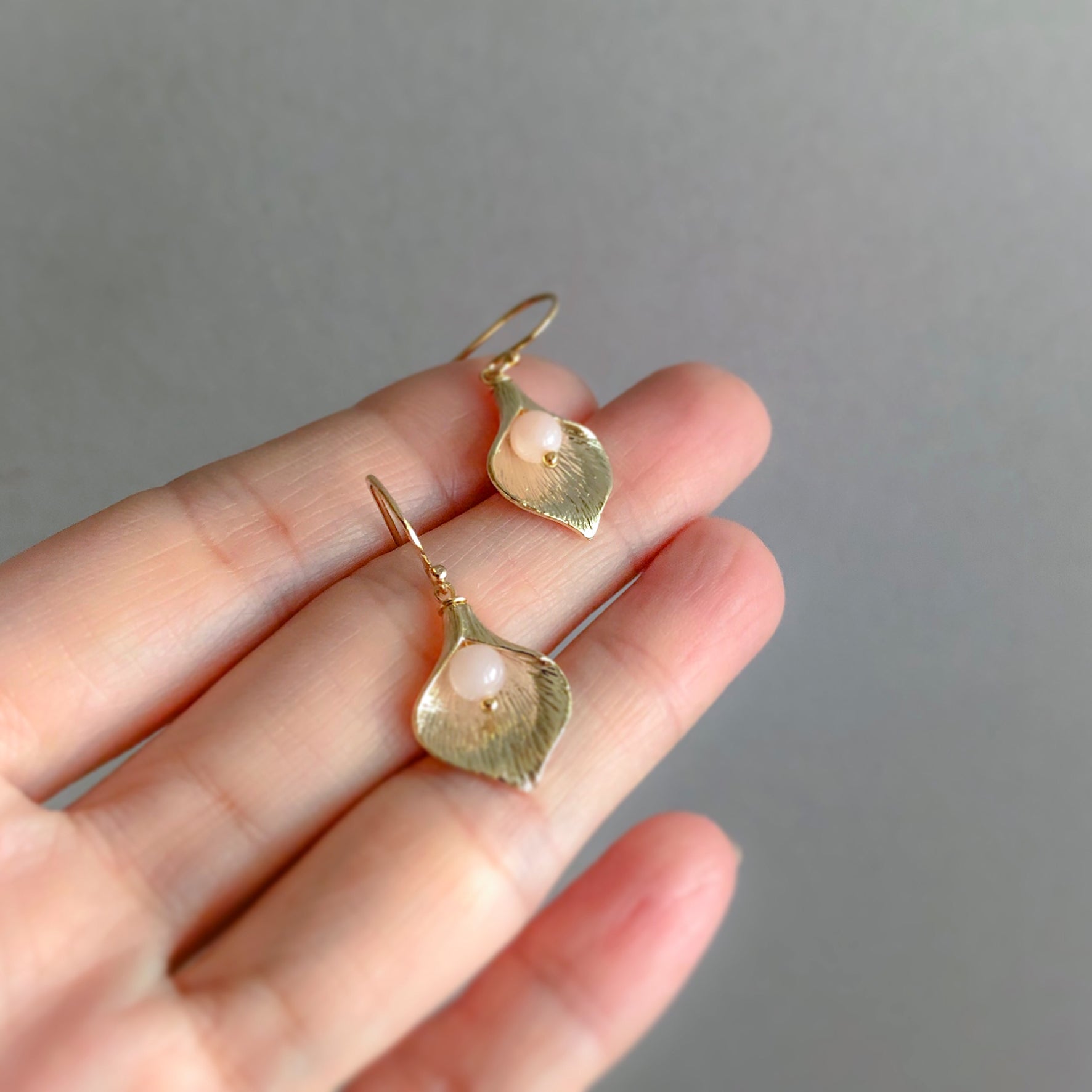 Gold Calla Lily Earrings | Rose Quartz