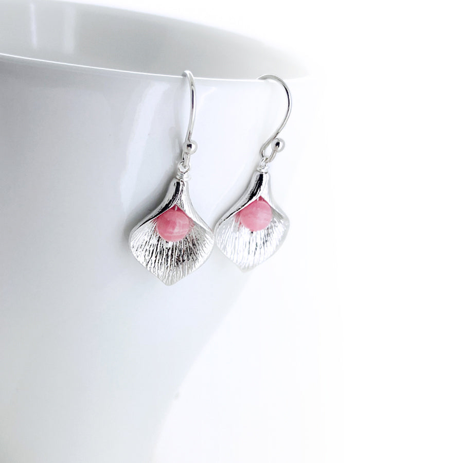 Silver Calla Lily Earrings | Rhodochrosite