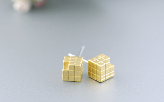Rubik Cube Post Earrings | Gold