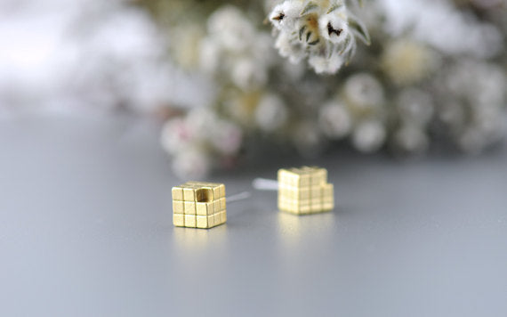 Rubik Cube Post Earrings | Gold