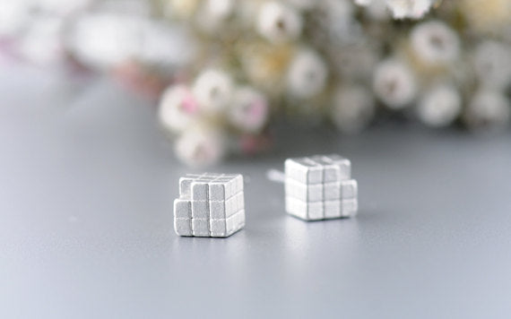 Rubik Cube Post Earrings | Silver