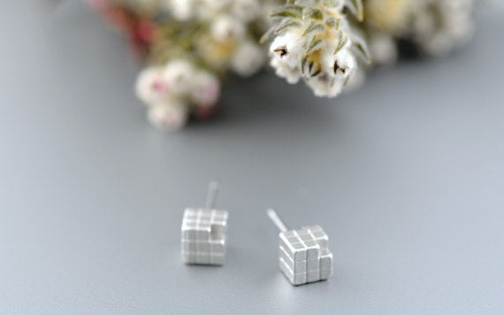 Rubik Cube Post Earrings | Silver