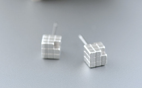 Rubik Cube Post Earrings | Silver